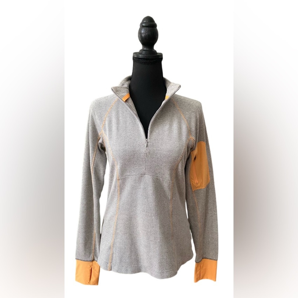 Mondetta: Gray and Orange Chevron Pattern Jacket with Thumb Holes